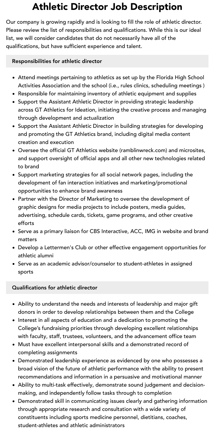 Athletic Director Job Description Velvet Jobs