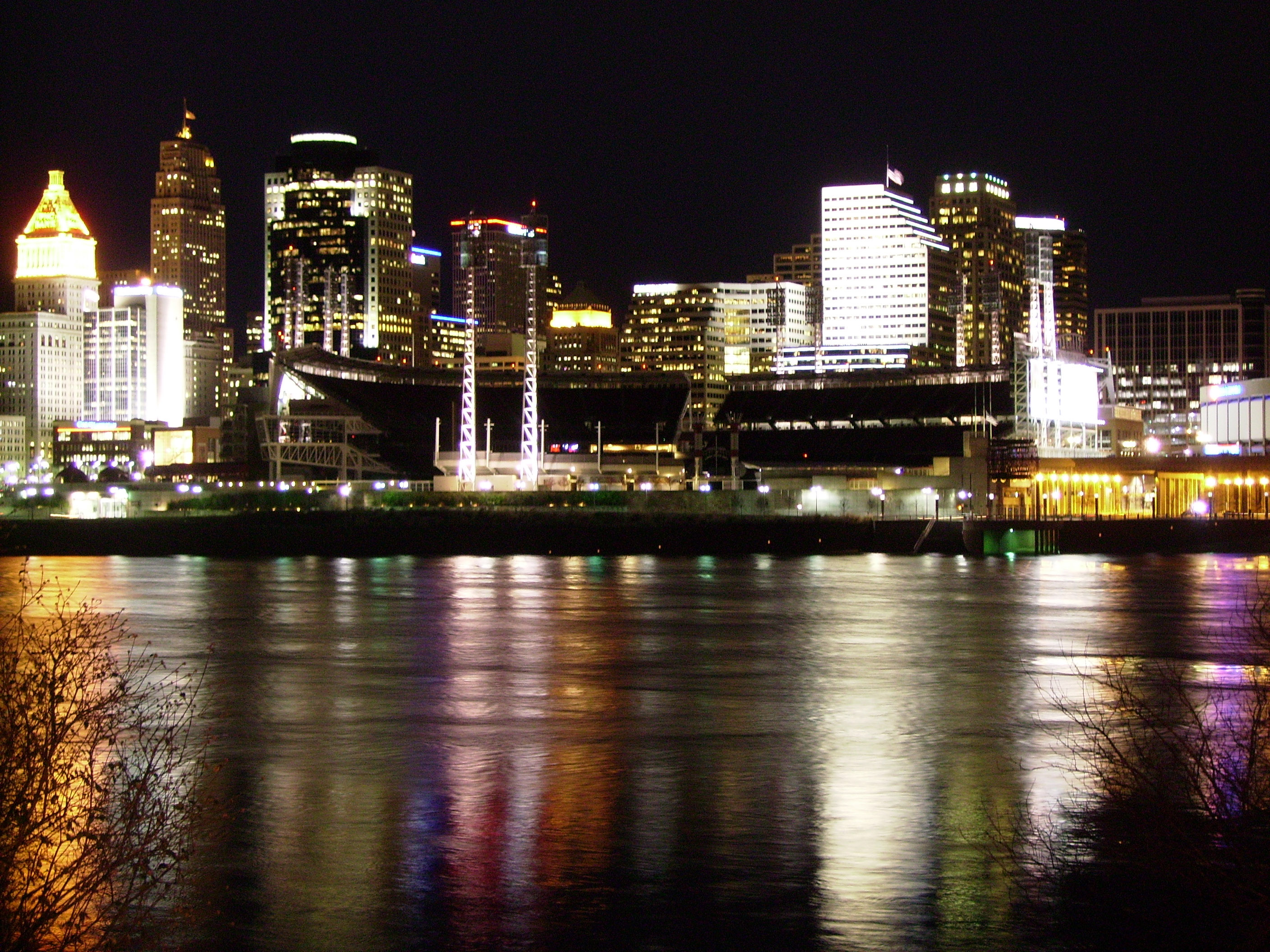 Cincinnati Skyline At Night With Lights In Ohio Image Free Stock