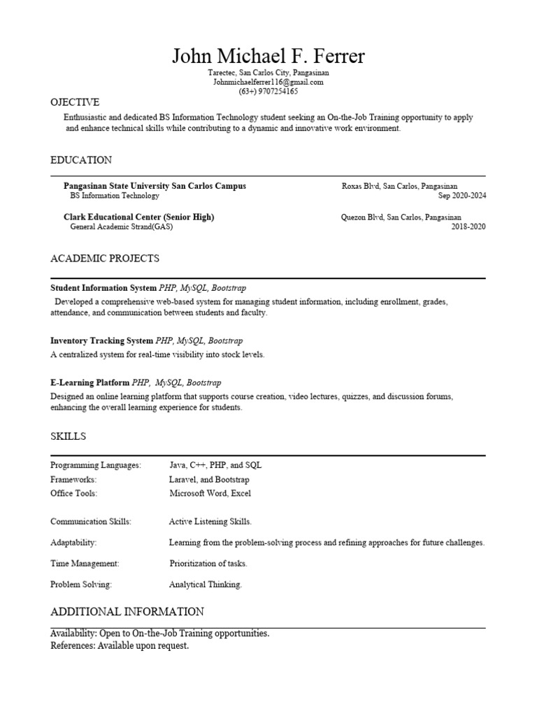 Computer Science Intern Resume Monster Com