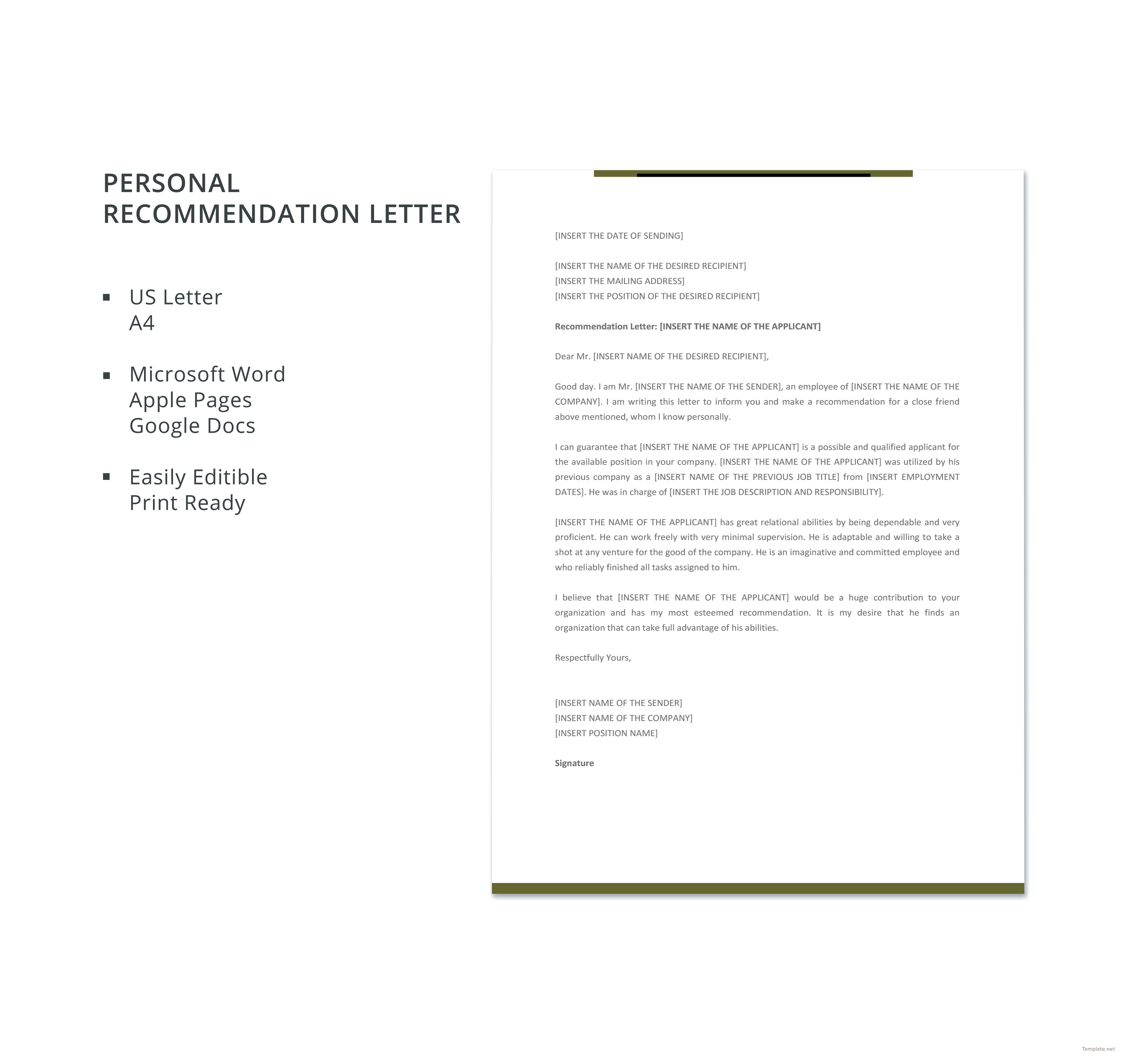 Free 10 Personal Recommendation Letter Samples Pdf Ms Word Google Docs