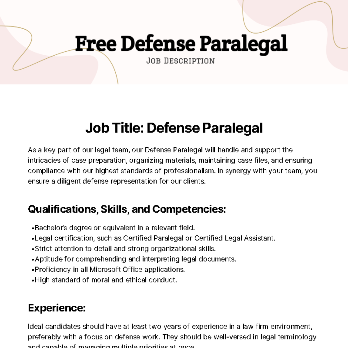 Free Defense Paralegal Job Description Template Edit Online