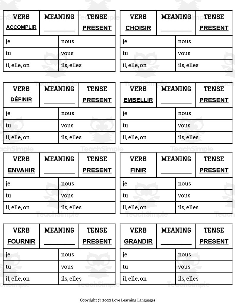 French Conjugation Tables Regular Ir Verbs Present By Teach Simple