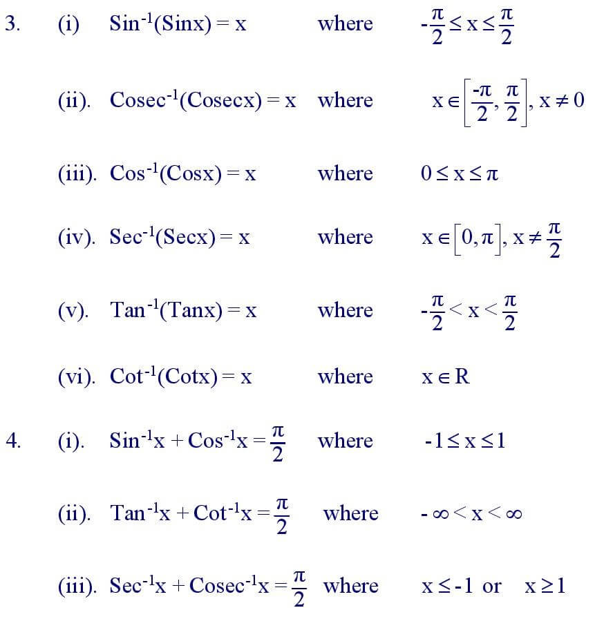 Inverse Trigonometric Functions Formula For 12Th Class Formula In Maths