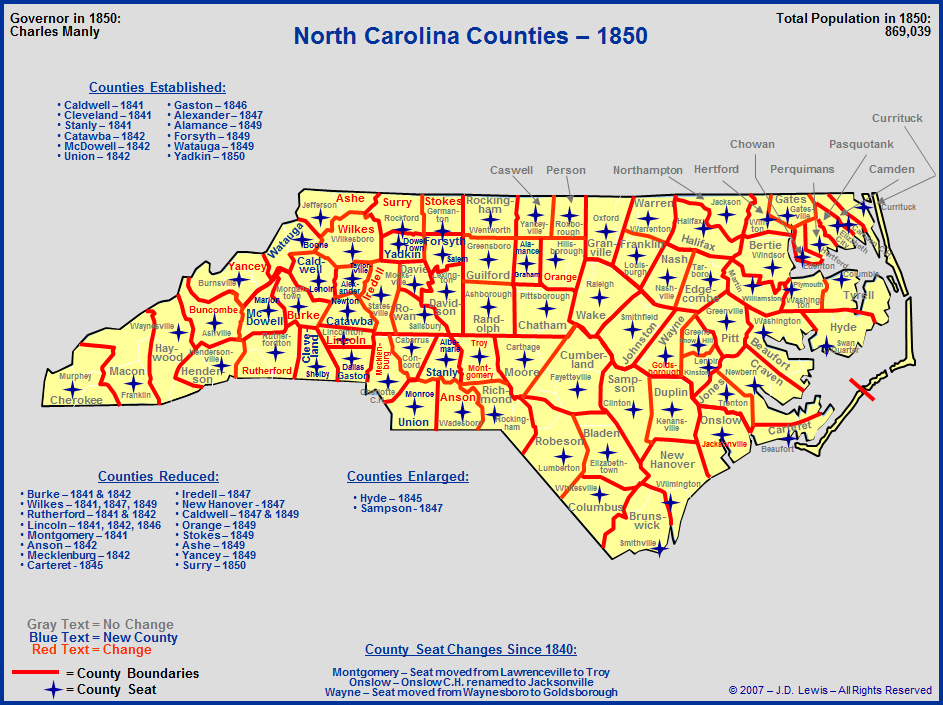 North Carolina In The 1800S The Counties As Of 1850