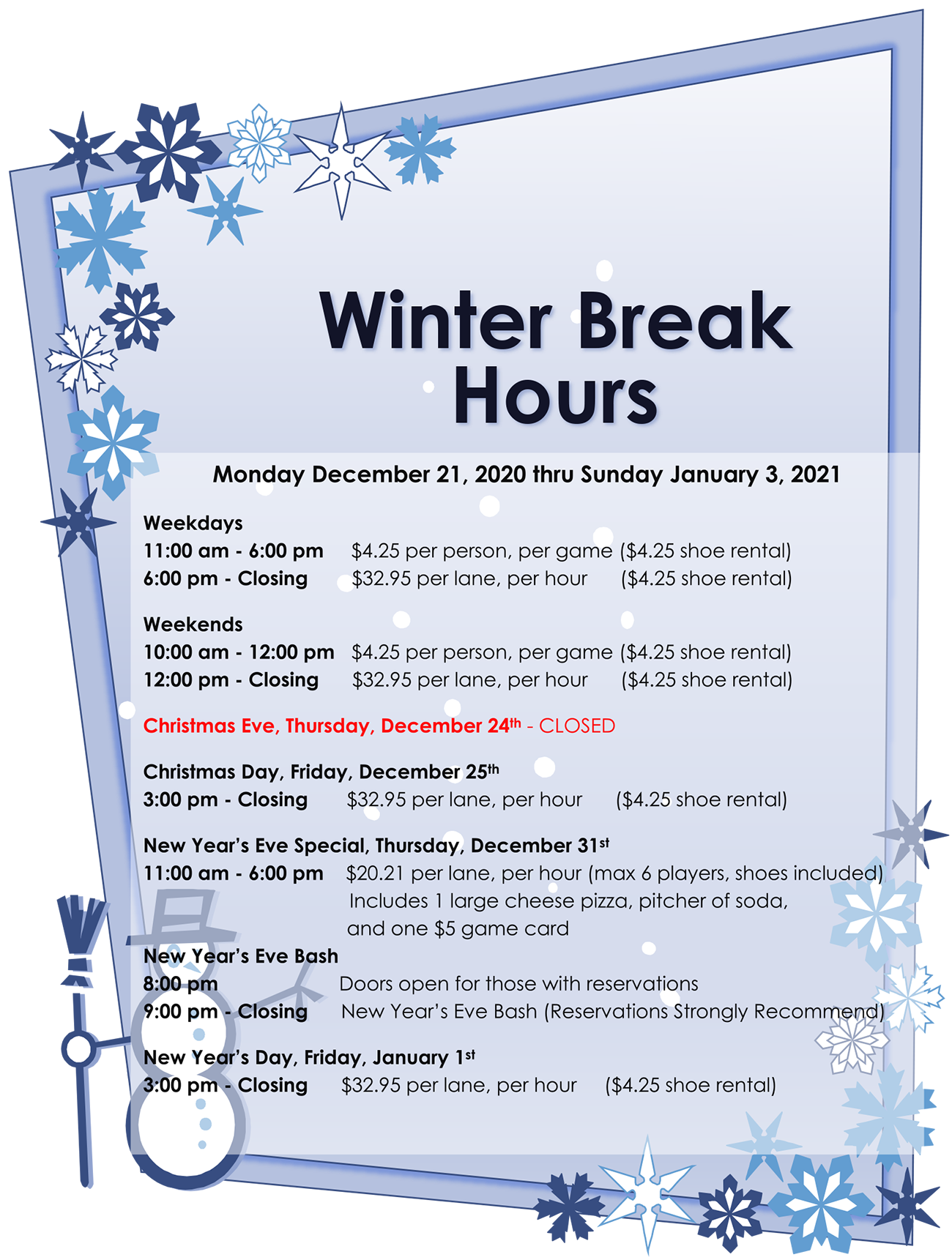 Recreational Services Winter Break Hours