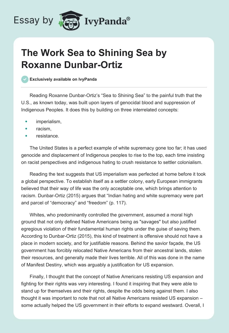 The Work Sea To Shining Sea By Roxanne Dunbar Ortiz 598 Words