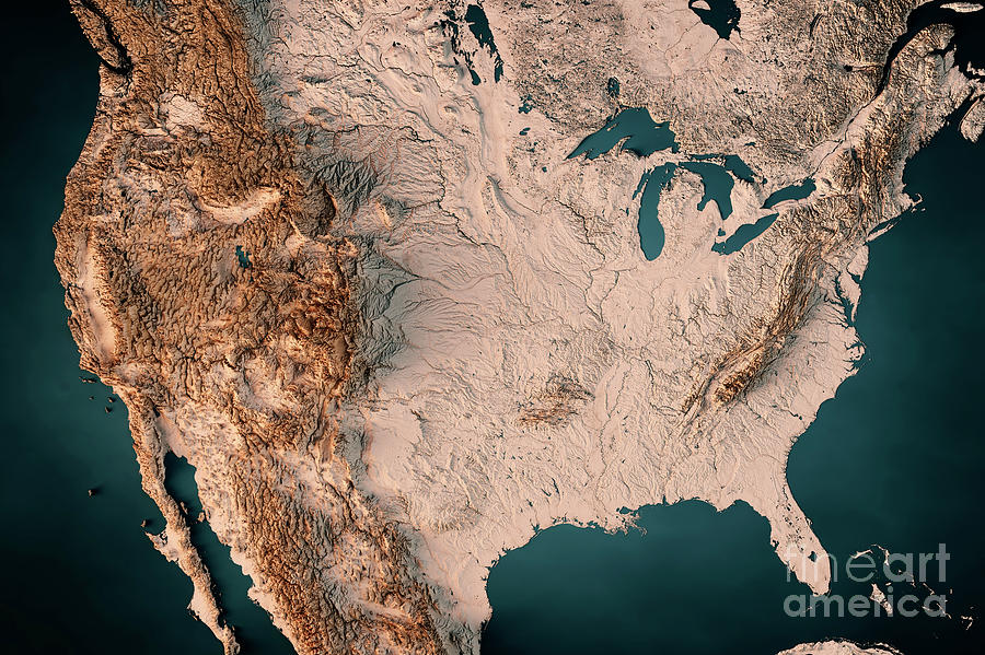 United States Topographic Map Horizontal 3D Render Dark Ocean Ne